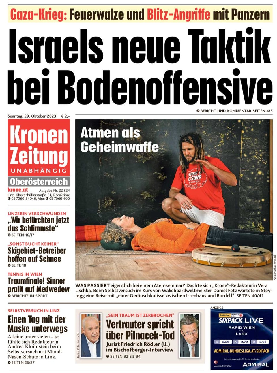 Titelblatt der Kronen Zeitung mit Daniel Fetz bei einem Atemseminar