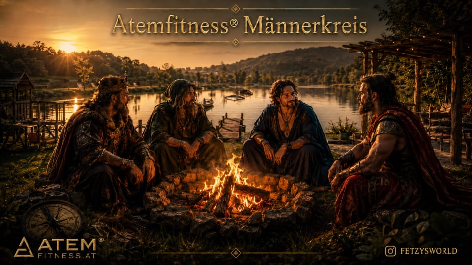Goldenes Atemfitness Männerkreis Motiv mit vier Männern am Lagerfeuer vor dem Salmsee