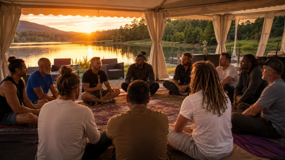 Männer sitzen bei Sonnenuntergang in einem Kreis am Salmsee