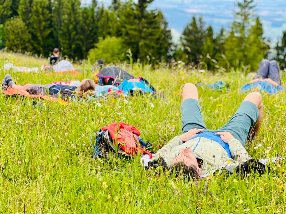 Atemfitness Gruppe liegt zur Entspannung auf einer sonnigen Bergwiese